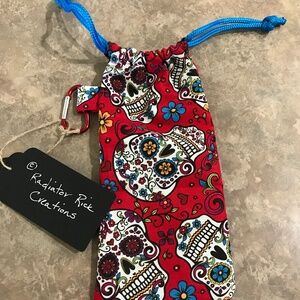 Funky Red Flower Power/Skull Drawstring Eyeglass/Cellphone Bag
